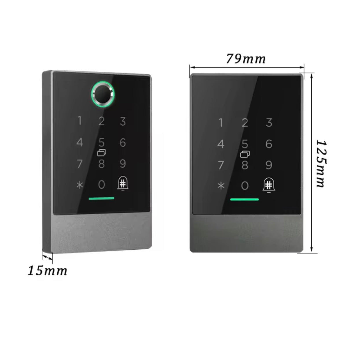 ArdanShield AccessPoint smart access control dimensions diagram showing front profile, thickness and overall measurements in millimetres depth 15mm, height 125mm, width 79mm  