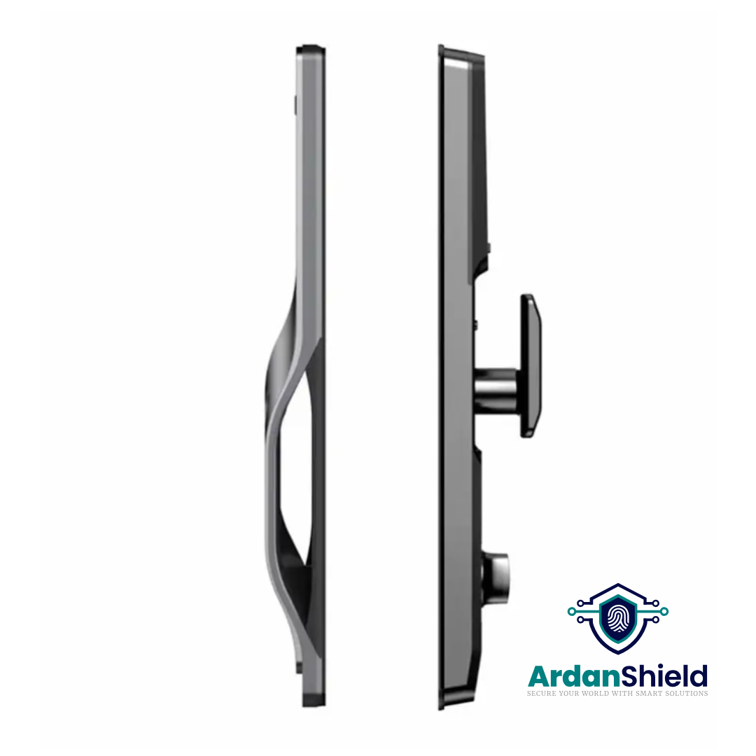 ArdanShield BioLock Smart Lock in grey colour variation showing the front and rear view with facial recognition camera, fingerprint sensor, and HD display screen.