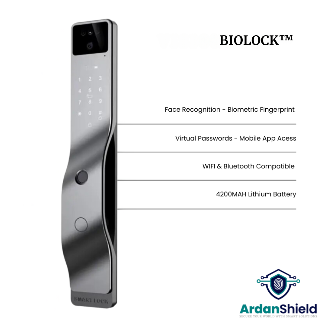 ArdanShield BioLock Smart Lock in grey colour variation, front view, showing infographic details including facial recognition camera, biometric fingerprint sensor, virtual password keypad, mobile app access, Wi-Fi and Bluetooth capability, and 4200 mAh lithium battery capacity.