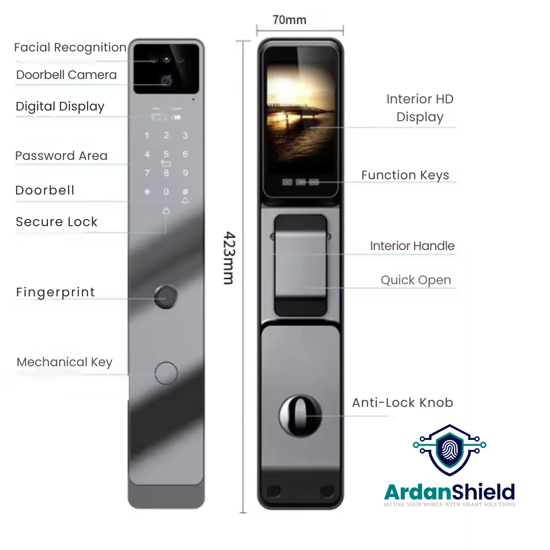 ArdanShield BioLock Smart Lock in grey colour variation showing front and rear views with facial recognition camera, fingerprint access, HD display screen, interior handle, mechanical key, anti-lock knob, function keys, doorbell camera, and secure lock design.