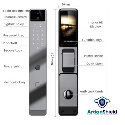 ArdanShield BioLock Smart Lock in Grey colour variation with front and rear view showing facial recognition camera, fingerprints access, HD display screen, interior handle, machanical key, anti lock knob, function keys, doorbell camera, secure lock