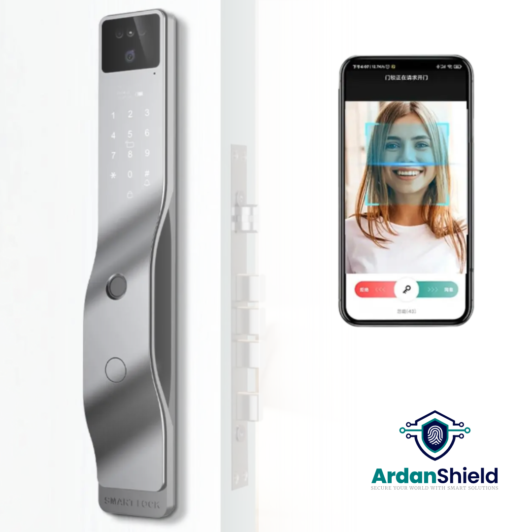 ArdanShield BioLock Smart Lock in grey colour variation showing the front view with facial recognition camera, fingerprint access, and a mobile phone displaying facial recognition app access.