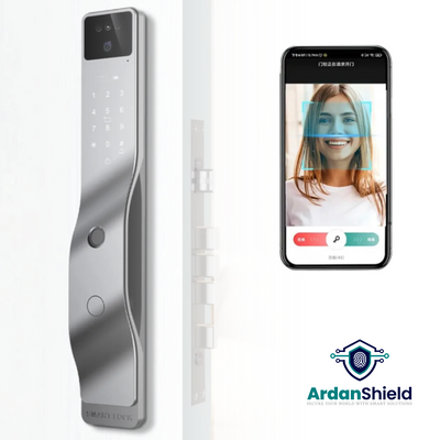 ArdanShield BioLock Smart Lock in Grey colour variation with front view showing facial recognition camera, fingerprints access and a mobile phone that shows facial recognition app access