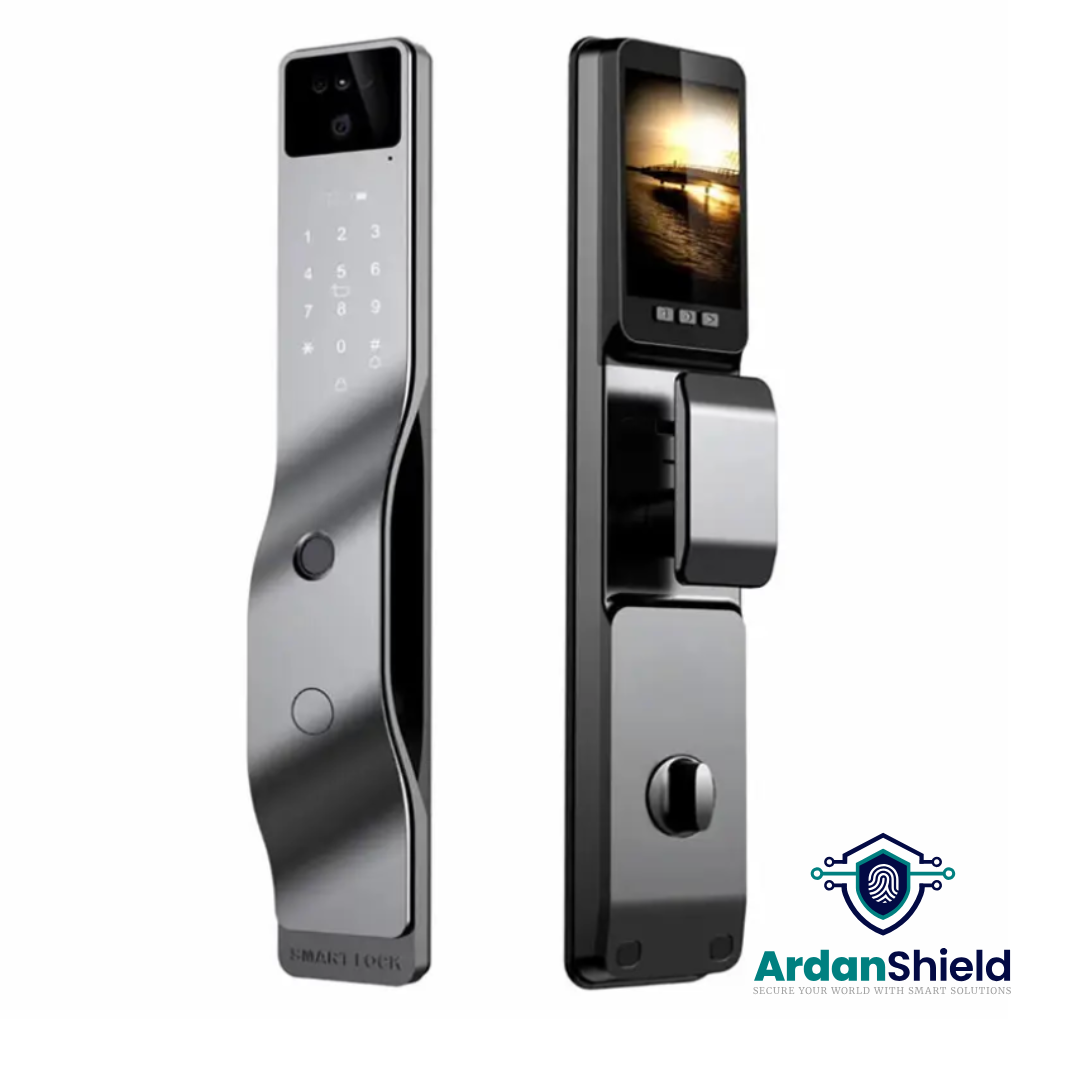 ArdanShield BioLock Smart Lock in grey colour variation showing the front and rear view with facial recognition camera, fingerprint sensor, and HD display screen.