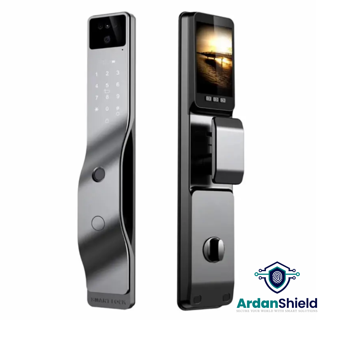 ArdanShield BioLock Smart Lock in Grey colour variation with front and rear view showing facial recognition camera, fingerprints access, HD display screen