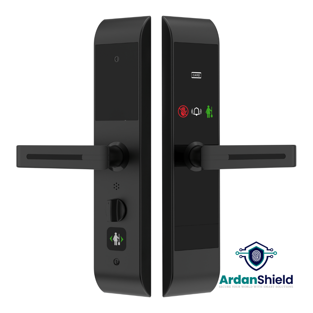ArdanShield EleganceAccess Hotel Lock Front and Rear View in Black Aluminium Alloy Finish showing RFID Card Access Panel, Interactive Do Not Disturb and Clean Up Display, and 6068 Mortise with Single Latch and Deadbolt for UK Hotels