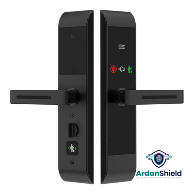 ArdanShield EleganceAccess Hotel RFID Lock in Black Colour showing front and rear face with a slight side angled view including the do not enter in red and Clean room in green functions.