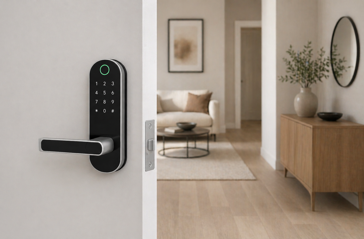 ArdanShield FusionGuard Smart Lock installed within home setting displaying security features.