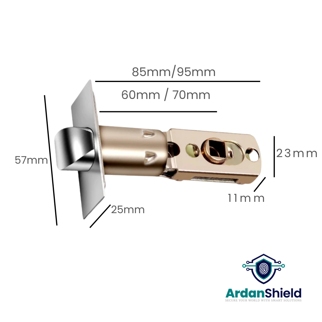ArdanShield FusionGuard Smart Lock adjustable single latch with labelled measurements including 60–70mm backset, 85–95mm length, 23mm width, 11mm depth, and a 57mm x 25mm faceplate – suitable for standard UK doors