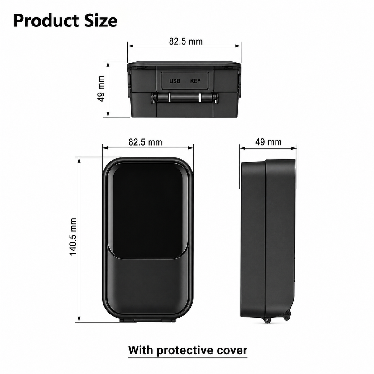ArdanShield KeyGuard Pro in Black with dimensions labeled with protective cover on a white background