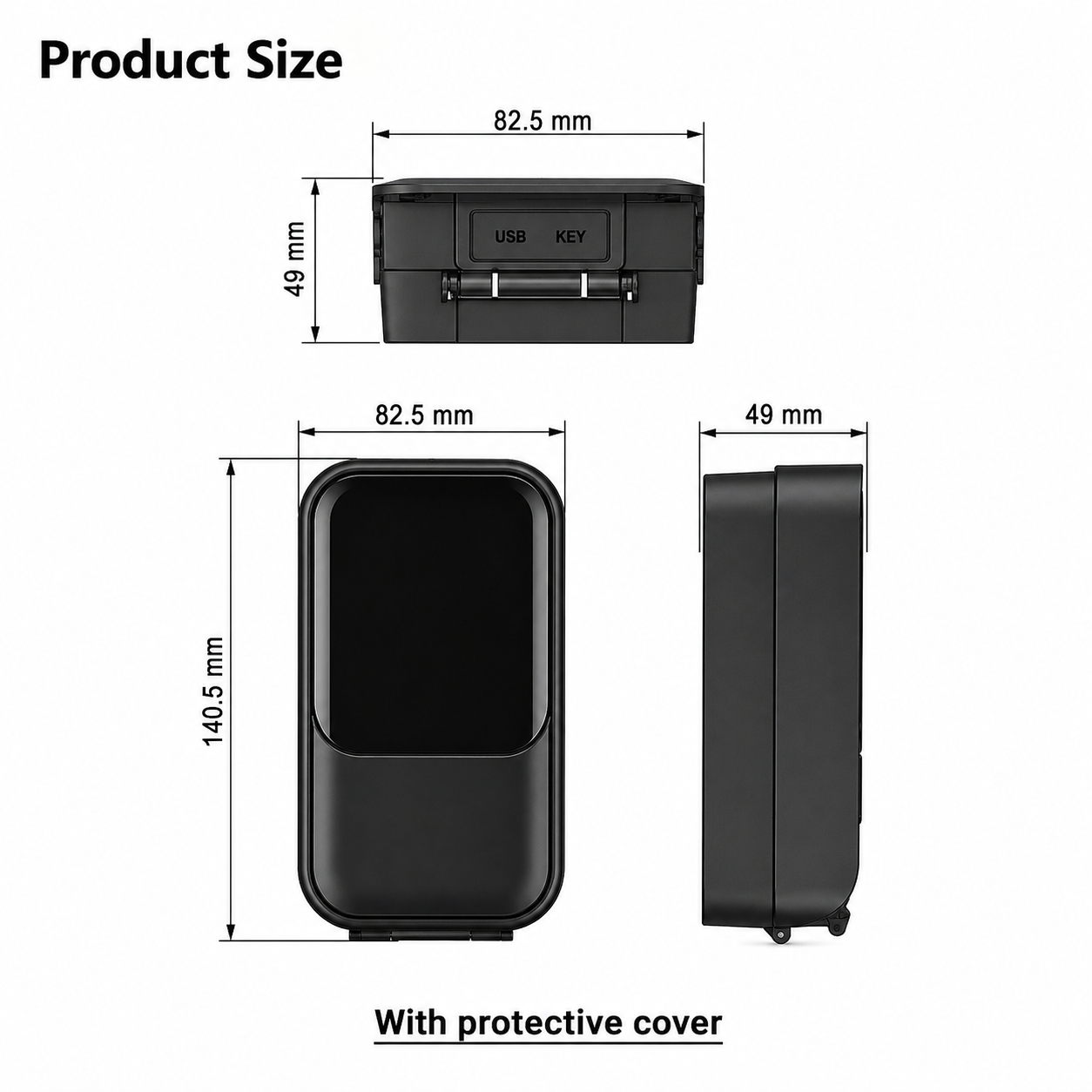 ArdanShield KeyGuard Pro in Black with dimensions labeled with protective cover on a white background