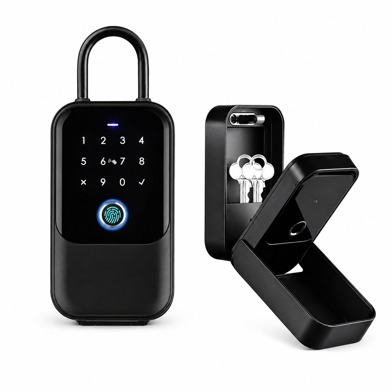 ArdanShield KeyGuard Pro in Black smart key safe lock box with fingerprint sensor and numeric keypad on a white background