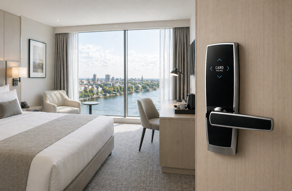 ArdanShield LuxeGuard Hotel Lock Fitted to Hotel Bedroom door in Silver Chrome variant showing card feature and within neutral hotel setting. 