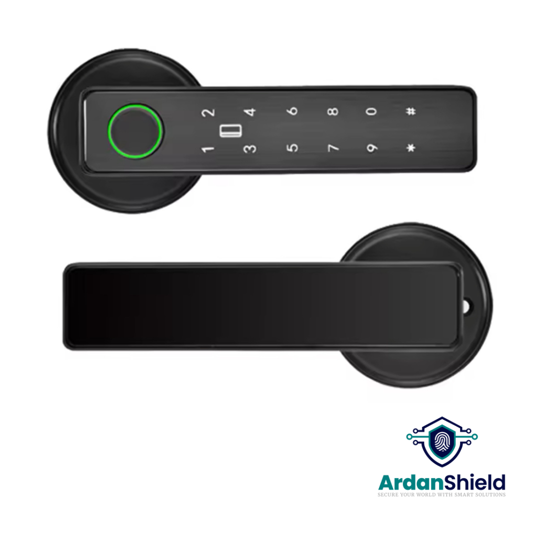ArdanShield RoomVault indoor smart lock in black finish showing fingerprint reader, digital keypad, RFID access, and internal locking mechanism – ideal for bedroom doors, student flats, and rental rooms in the UK