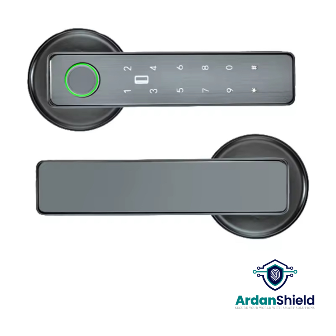 ArdanShield RoomVault indoor smart door lock in grey colour showing fingerprint reader, password keypad, RFID card reader, and internal battery panel – ideal for UK bedroom doors, Airbnb, or HMO accommodation security