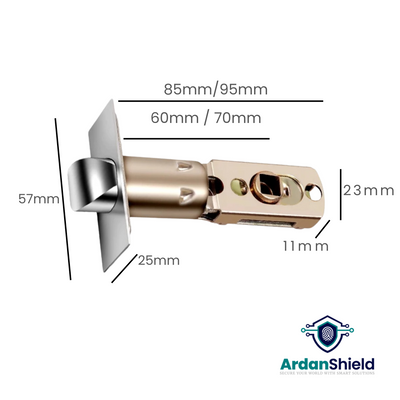 ArdanShield RoomVault adjustable single Latch Measurements including backset 60-70mm, length 85-95mm, width 23mm, depth 11mm, faceplate measurement of 57mm x 25mm