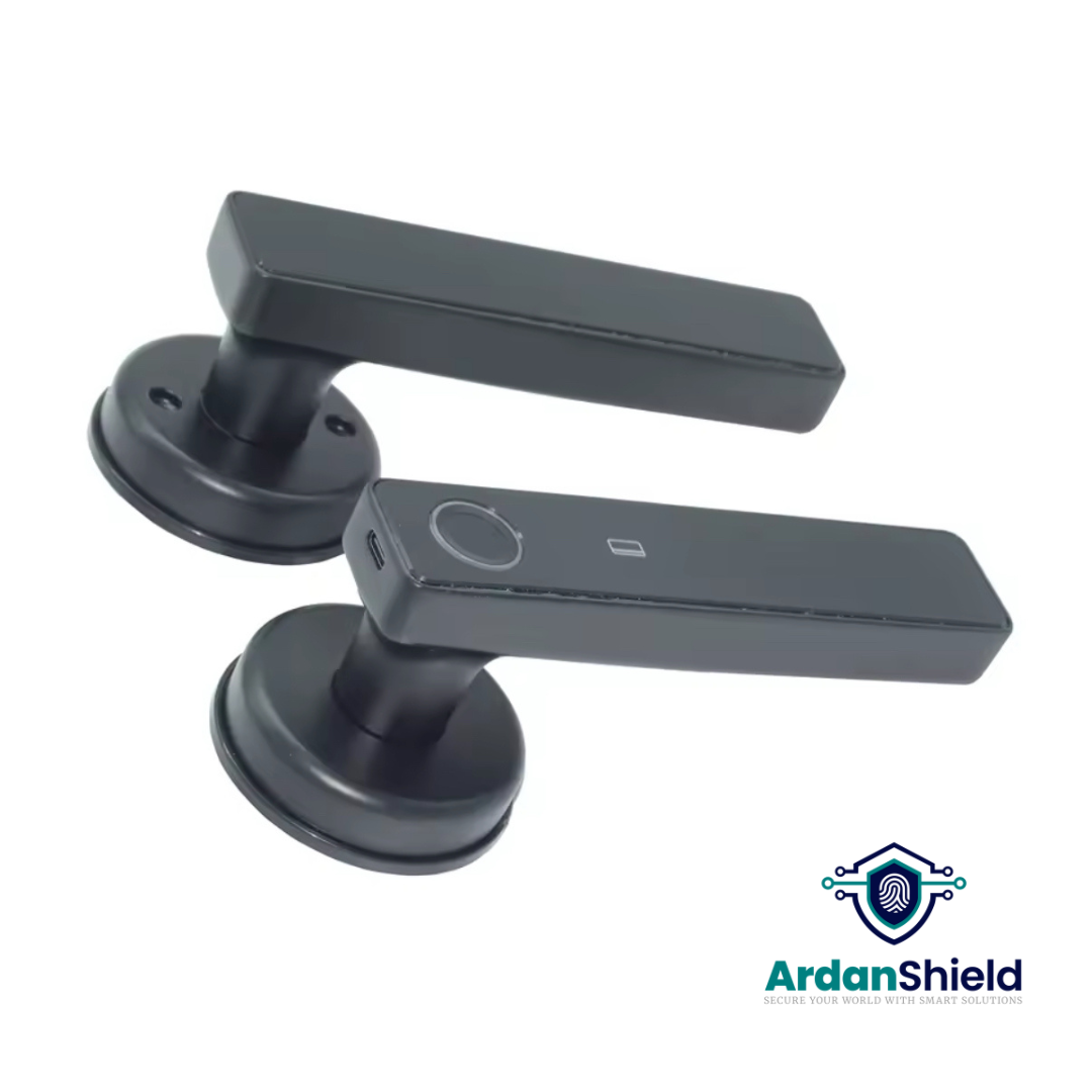 ArdanShield RoomVault smart lock in black – angled front and rear view showing biometric fingerprint scanner, internal latch mechanism, and sleek indoor design ideal for UK rental and HMO doors