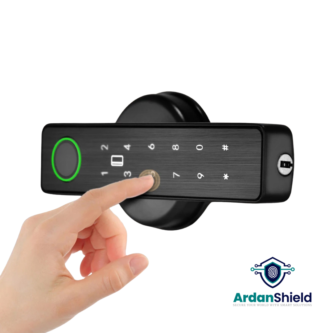

ArdanShield RoomVault smart lock in black finish showing front view with digital password keypad, biometric fingerprint reader, and hidden mechanical key entry – ideal for bedroom and rental doors in the UK