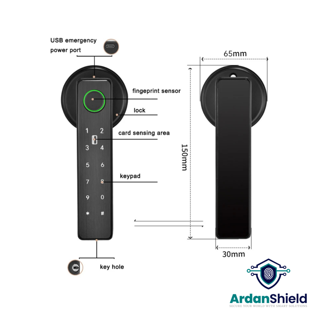 RoomVault Smart Lock infographic in black colour variation showing USB emergency power port, fingerprint reader, card sensor area, keypad, manual keyhole, and full lock body dimensions (150mm x 65mm x 30mm) – ideal for bedrooms, rentals, and shared UK properties