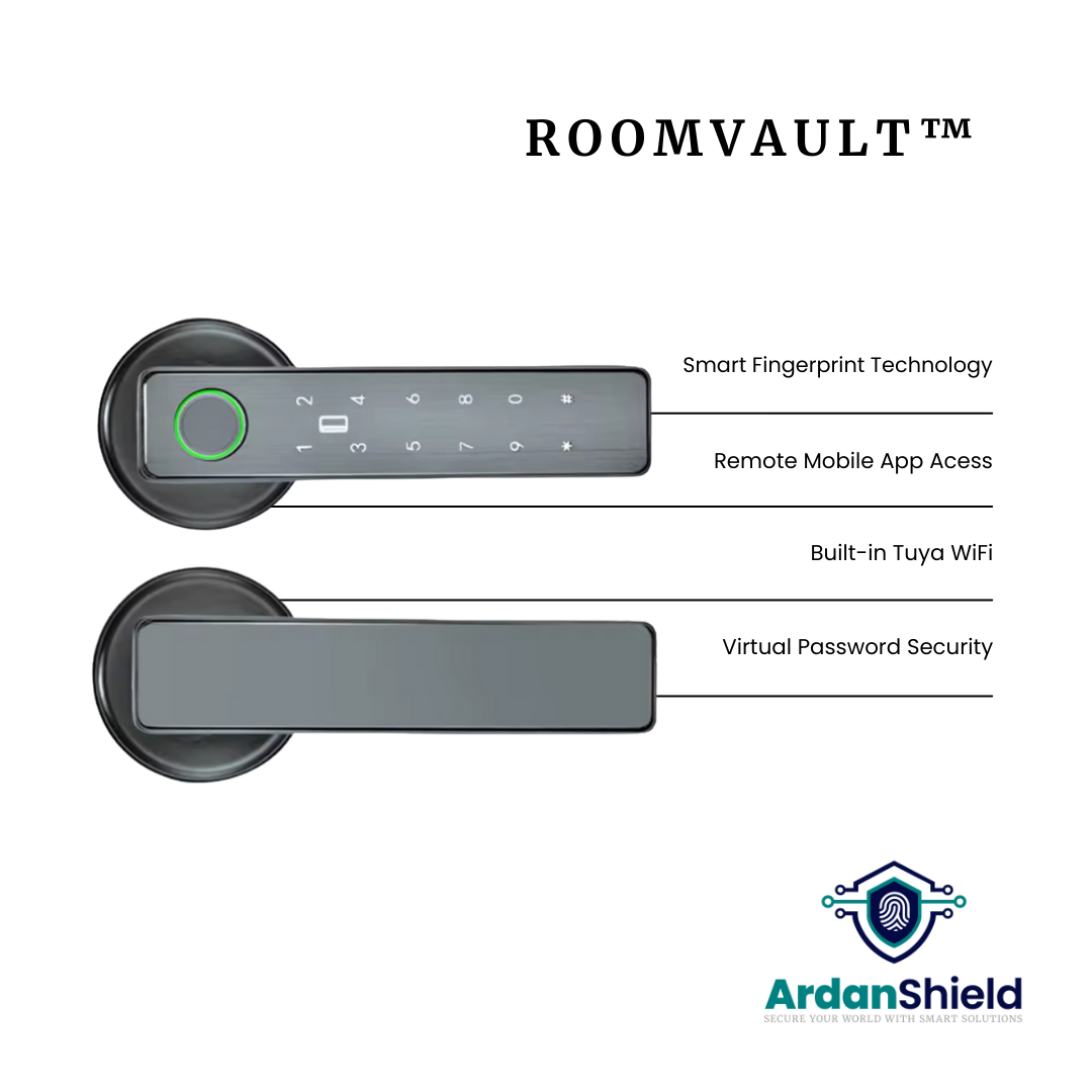 ArdanShield RoomVault smart lock infographic in grey colour showing biometric fingerprint sensor, Tuya SmartLife app control, built-in WiFi, and virtual password protection – ideal for indoor room security in the UK
