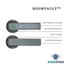 ArdanShield RoomVault Smart Lock Infographic smart lock in image is grey colour variation and text highlights features including, Smart Fingerprint Technology, Remote Mobile App Access, Built in Tuya Wifi, Virtual Password Security