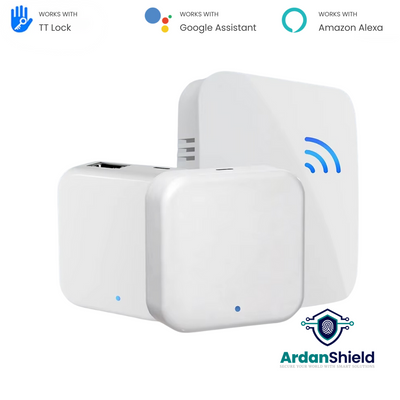 Image of 3 different TTLock Gateways in white colour Wired, Wireless and Sim Card options showing capabilities with TTLock, Google Assistant, Amazon Alexa