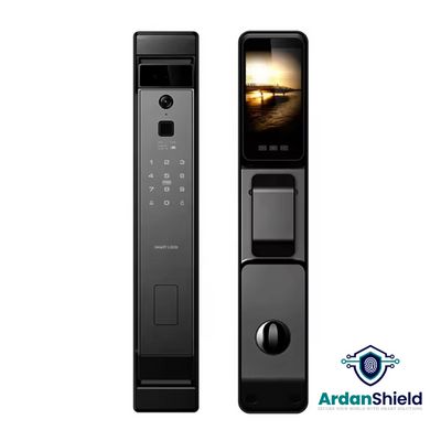 Front and Rear view of TrueFace Smart Lock showing digital keypad, biometric fingerprint sensor facial recognition camera and on rear digital display with manual handle and reverse lock