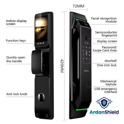 ArdanShield TrueFace Infographic  Showing the size dimensions 420mm x 72mm and other features including facial recognition, semiconductor fingerprint, display screen, door bell, rfid, ic card area, mechanical key, usb, anti lock knob, quick open handle, function keys and indoor display screen