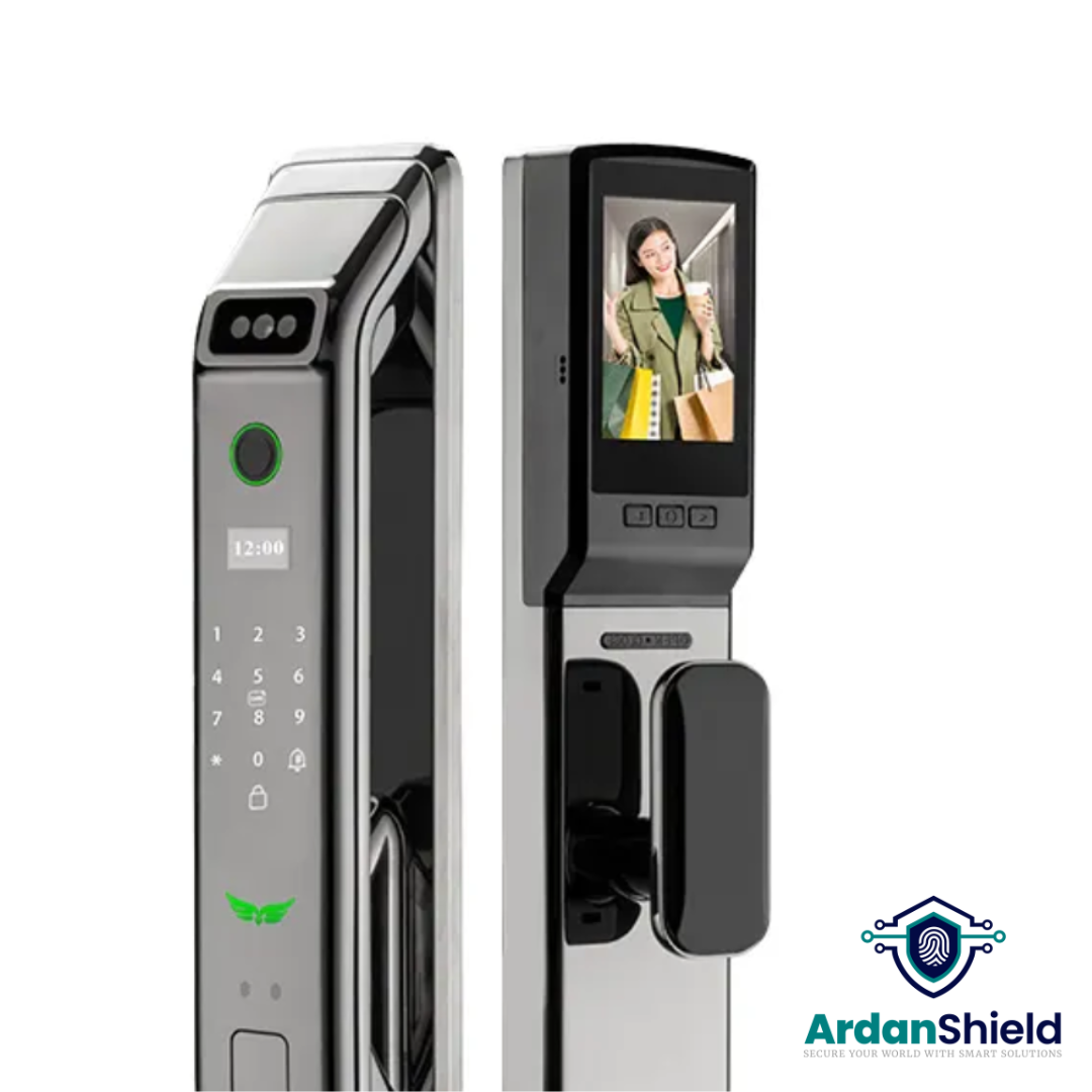 ArdanShield VisageGuard Facial Recognition Smart Lock in Silver colour showing close-up view of the facial recognition camera, biometric fingerprint sensor, digital keypad, digital display, and manual handle.