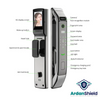 VisageGuard Facial Recognition Smart Lock in Silver colour showing infographic information including, facial recognition camera, biometric fingerprint sensor, digital keypad, password area, rfid, ic card area, doorbell, lock button, led light, usb charge port, manual key hole hd display screen, wake up button