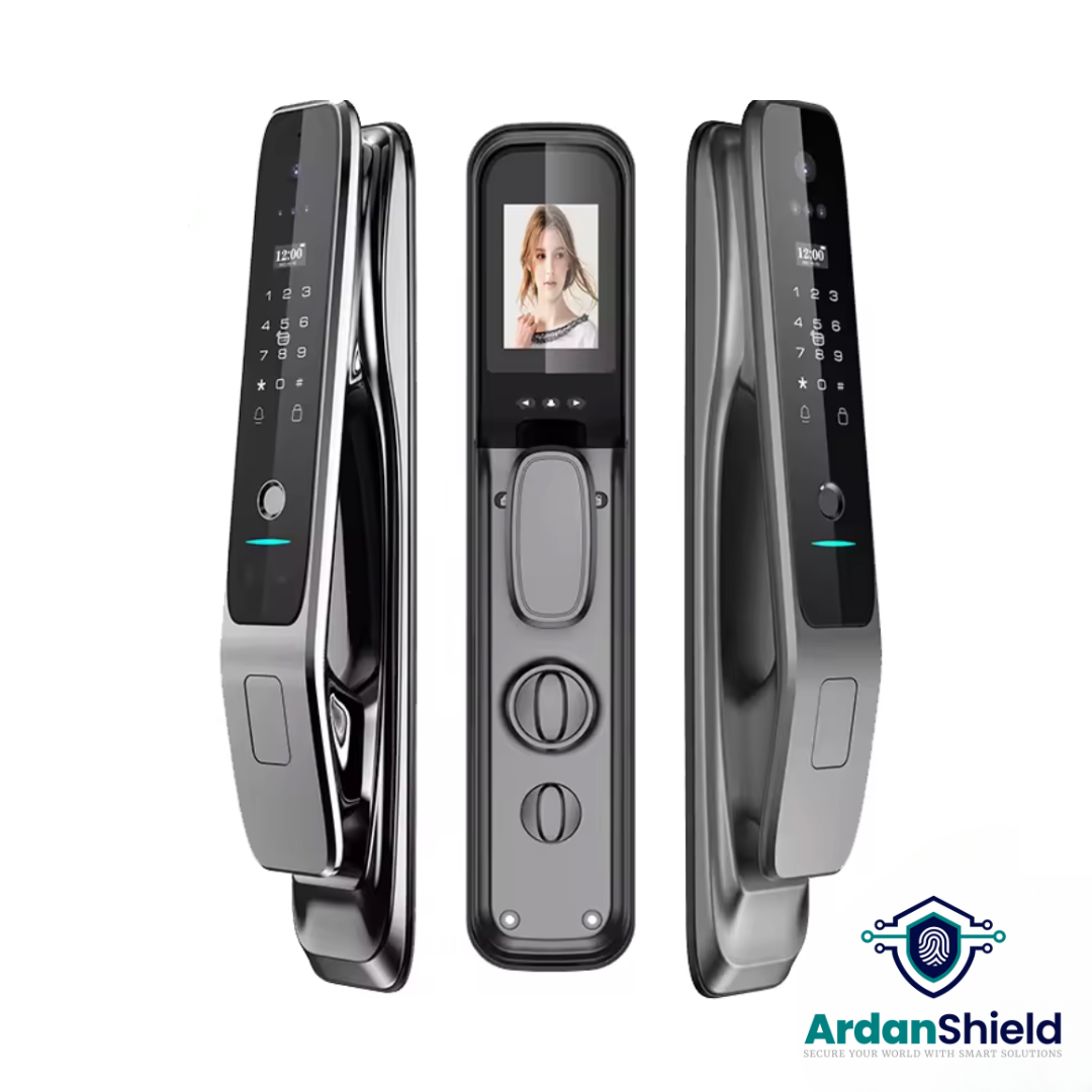 ArdanShield VisionLock Facial Recognition Smart Lock front and angled views showing facial recognition camera, fingerprint sensor, digital keypad, and HD display — premium Tuya smart lock for UK home security.