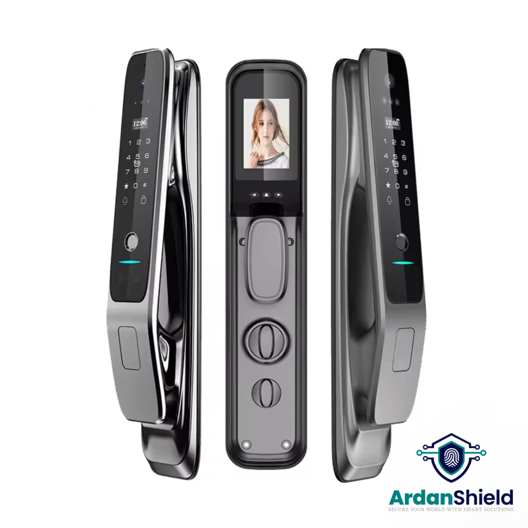 ArdanShield VisionLock Face Recognition Smart Lock with front and rear views of lock showing facial recognition camera, biometric fingerprint, digital keypad and hd display for home security