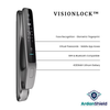 ArdanShield VisionLock Face Recognition Smart Lock with front view of lock showing infographic information including, facial recognition camera, biometric fingerprint, Virtual passwords, digital keypad, mobile access, wifi, bluetooth and 4200mah lithium battery