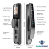 ArdanShield VisionLock Face Recognition Smart Lock with front and rear views of lock showing infographic information including, 3d facial recognition camera, biometric fingerprint, digital keypad and hd display, usb charging point, mechanical key, emergency knob, antilock, and open quick handle