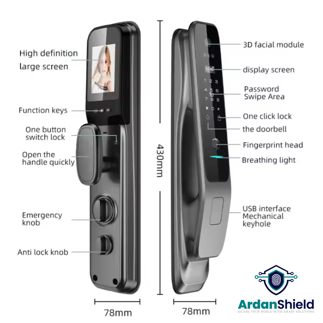 ArdanShield VisionLock Facial Recognition Smart Lock infographic showing front and rear views with labelled features including 3D facial recognition camera, fingerprint sensor, digital keypad, HD display, USB charging point, mechanical key override, emergency knob, anti-lock system, and quick-open handle — advanced Tuya smart door lock for UK security.