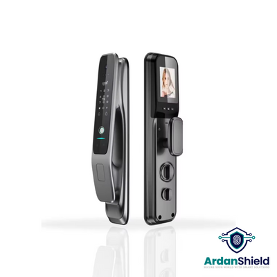 ArdanShield VisionLock Face Recognition Smart Door Lock with front and rear views of lock showing facial recognition camera, biometric fingerprint, digital keypad and hd display in Silver