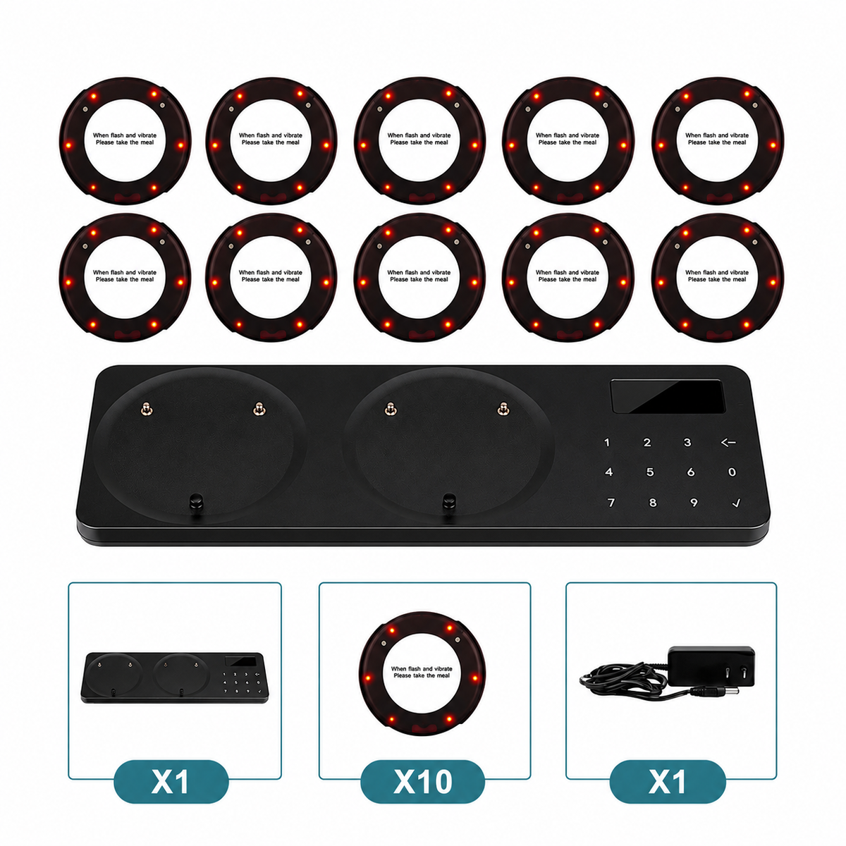 ArdanShield wireless restaurant pager calling system with 10 rechargeable guest pagers, black charging dock, keypad control base and power adapter on white background