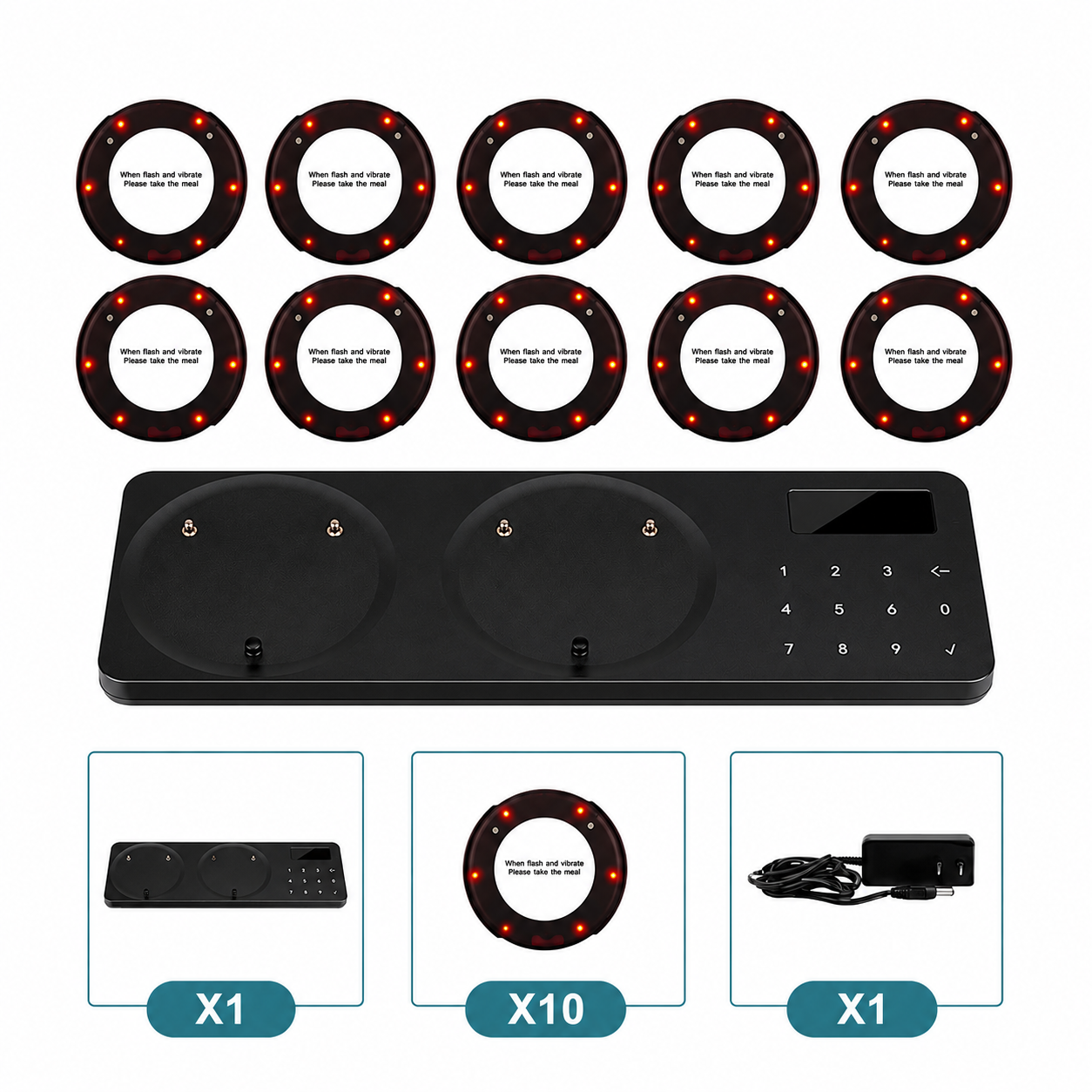 ArdanShield wireless restaurant pager calling system with black charging base, digital keypad display and rechargeable guest pagers on white background