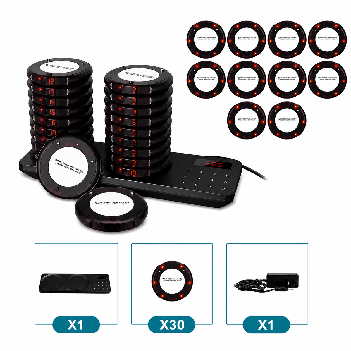 ArdanShield wireless restaurant pager calling system with 30 rechargeable guest pagers, black charging dock, keypad control base and power adapter on white background