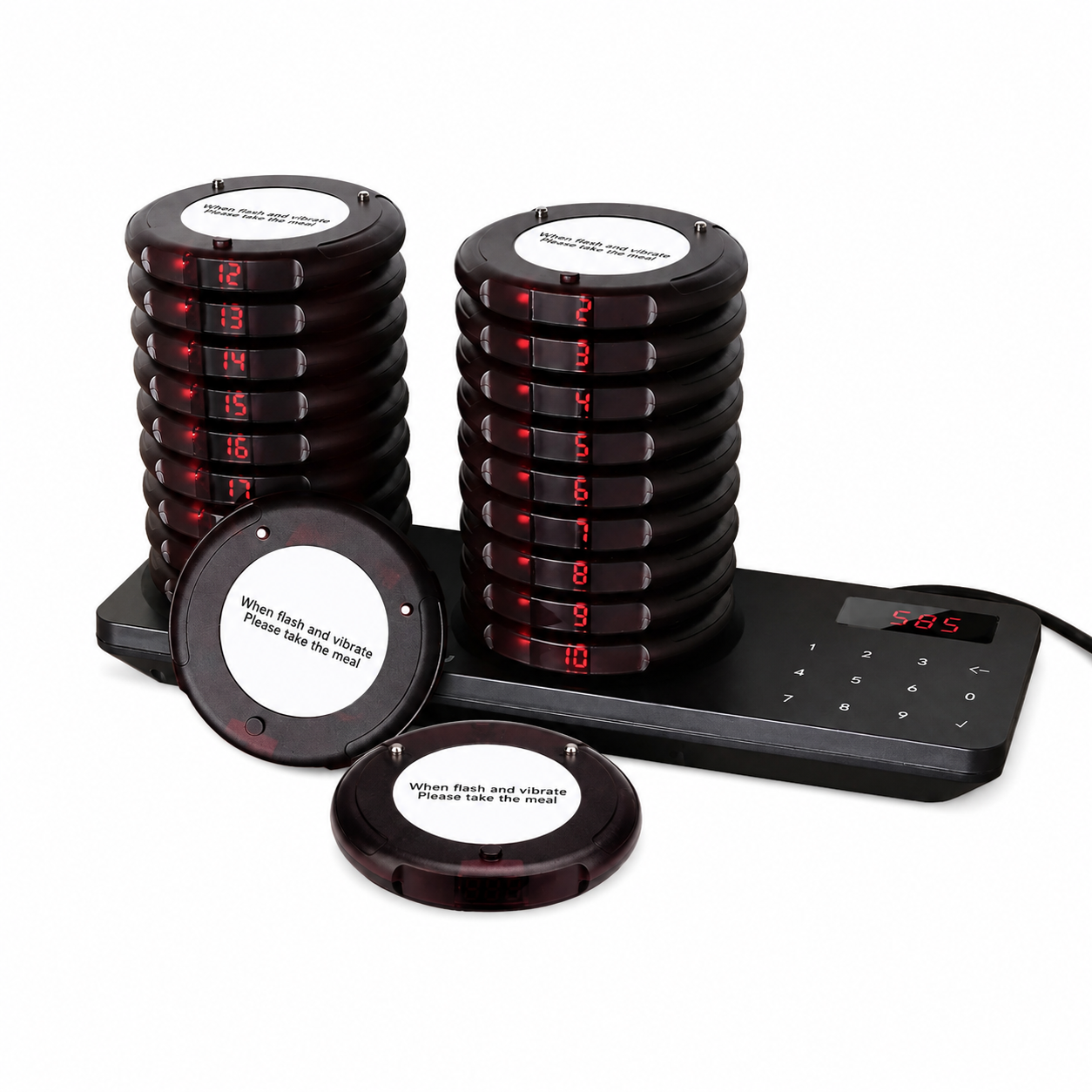 ArdanShield wireless restaurant pager calling system with black charging base, digital keypad display and rechargeable guest pagers on white background