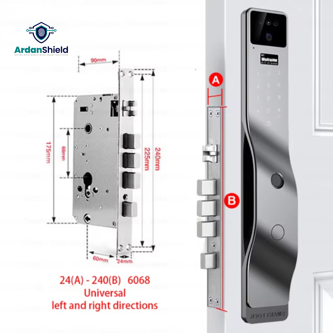 ArdanShield BioLock Smart Lock in grey colour variation showing the front view with facial recognition camera, fingerprint access, and a mortise lock highlighting key measurements, including 24 × 240 mm.