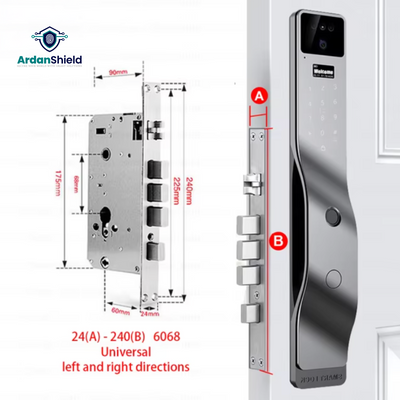 ArdanShield BioLock Smart Lock in Grey colour variation with front view showing facial recognition camera, fingerprints access and a mortise lock with important measurements in particular 24 x 240 mm