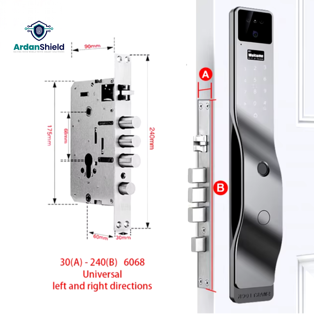 ArdanShield BioLock Smart Lock in grey colour variation showing the front view with facial recognition camera, fingerprint access, and a mortise lock highlighting key measurements, including 30 × 240 mm.