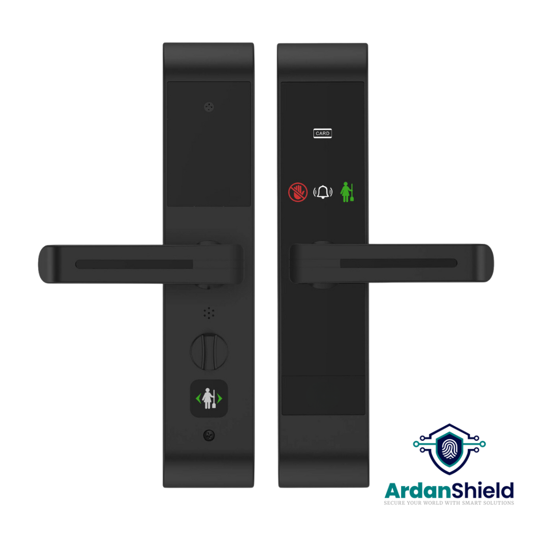 ArdanShield EleganceAccess Hotel Lock Front and Rear View in Black Aluminium Alloy Finish showing RFID Card Access Panel, Interactive Do Not Disturb and Clean Up Display, and 6068 Mortise with Single Latch and Deadbolt for UK Hotels