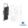 EleganceAccess Hotel Lock infographic image showing the dimensions of the mortise lock that comes with the lock body. Main measurements are backset 96.5mm, faceplate 26x270mm