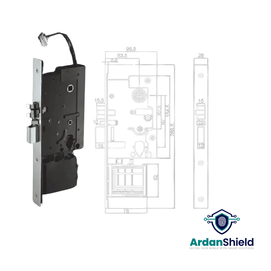 ArdanShield EleganceAccess Hotel Lock Infographic showing Detailed Mortise Lock Dimensions with Backset 96.5 mm and Faceplate 26 × 270 mm, demonstrating Lock Body Compatibility for UK Hotel Doors and MIFARE RFID Access Systems