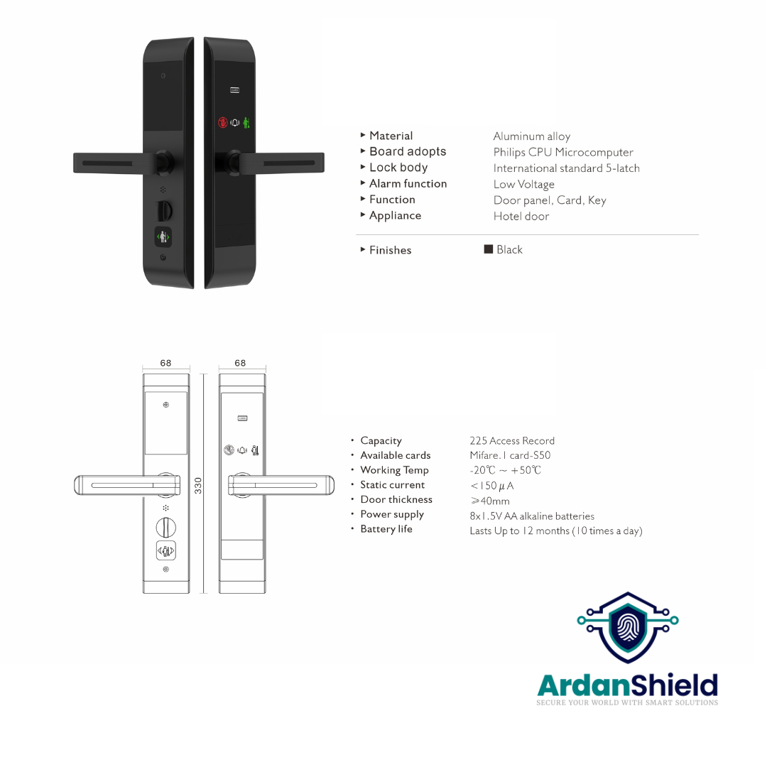 ArdanShield EleganceAccess Hotel RFID Lock in Black Aluminium Alloy Finish showing Front View with Red Do Not Disturb and Green Clean Room Indicators, infographic details for RF Key Card Access, Philips CPU Microcomputer, 225 Access Record Capacity, MIFARE 1 S50 Card Compatibility, Low Voltage Alarm, and Technical Drawing with Measurements 68 × 330 mm and 6068 Mortise (single latch + deadbolt)
