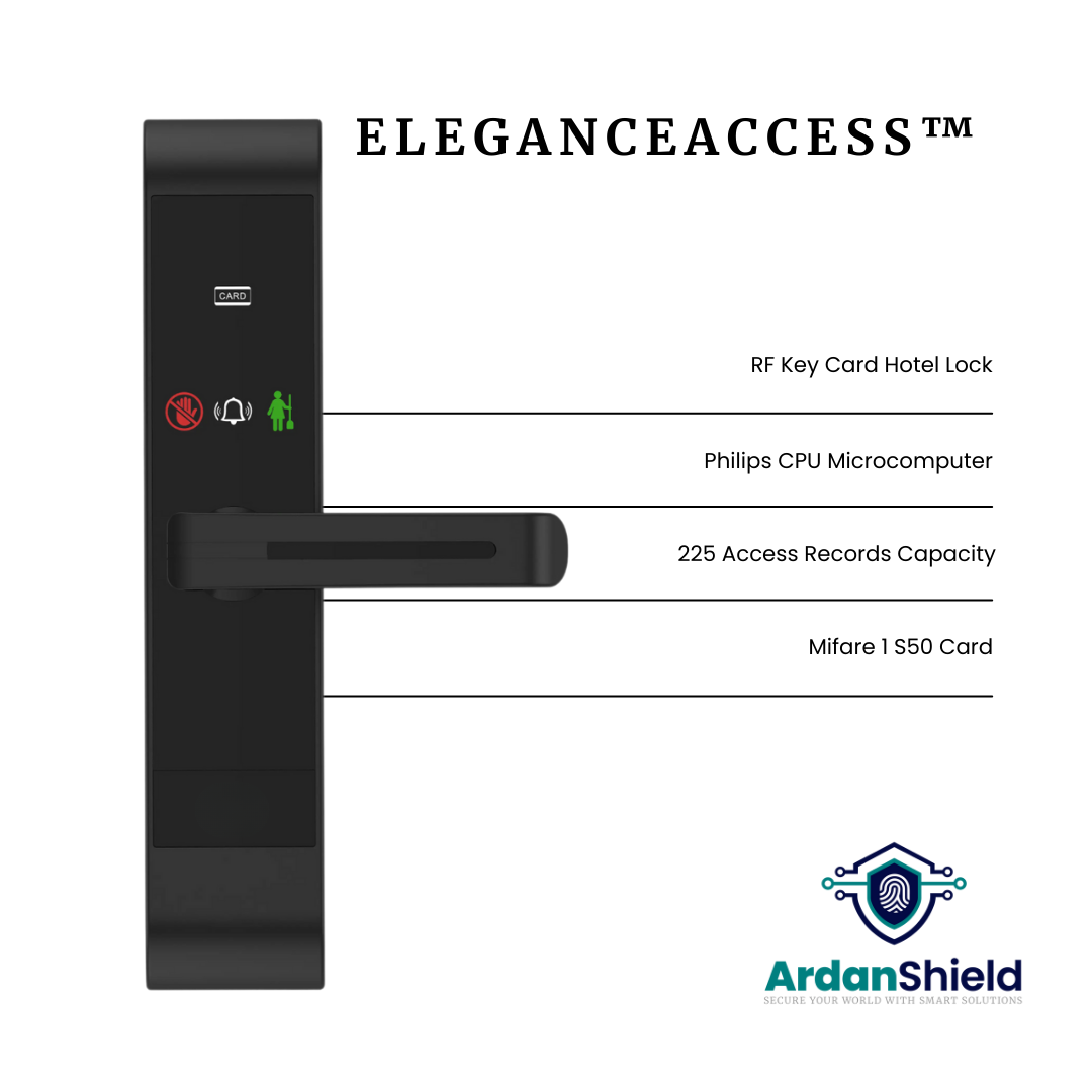 ArdanShield EleganceAccess Hotel RFID Lock in Black Aluminium Alloy Finish showing Front View with Red Do Not Disturb and Green Clean Room Functions, featuring Infographic Text highlighting RF Key Card Access, Philips CPU Microcomputer, 225 Access Record Capacity, and MIFARE 1 S50 Card Compatibility for UK Hotels