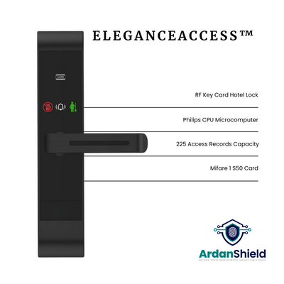 ArdanShield EleganceAccess Hotel RFID Lock in Black Colour showing front view including the do not enter in red and Clean room in green functions. with infographic text including RF Key Card Hotel Lock, Philips CPU Micro Computer, 225 Access Records Capacity and Mifare 1 S50 Card