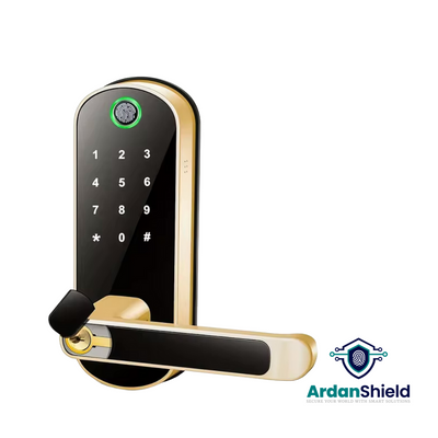 FusionGuard Biometric Smart Lock with an angled view showing in Gold colour variation showing the manual key point, digital keypad and fingerprint sensor